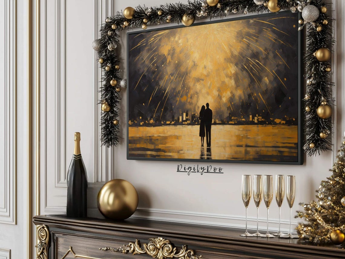 Couple Silhouette Golden Fireworks Night Sky Romantic Poster - Image 3