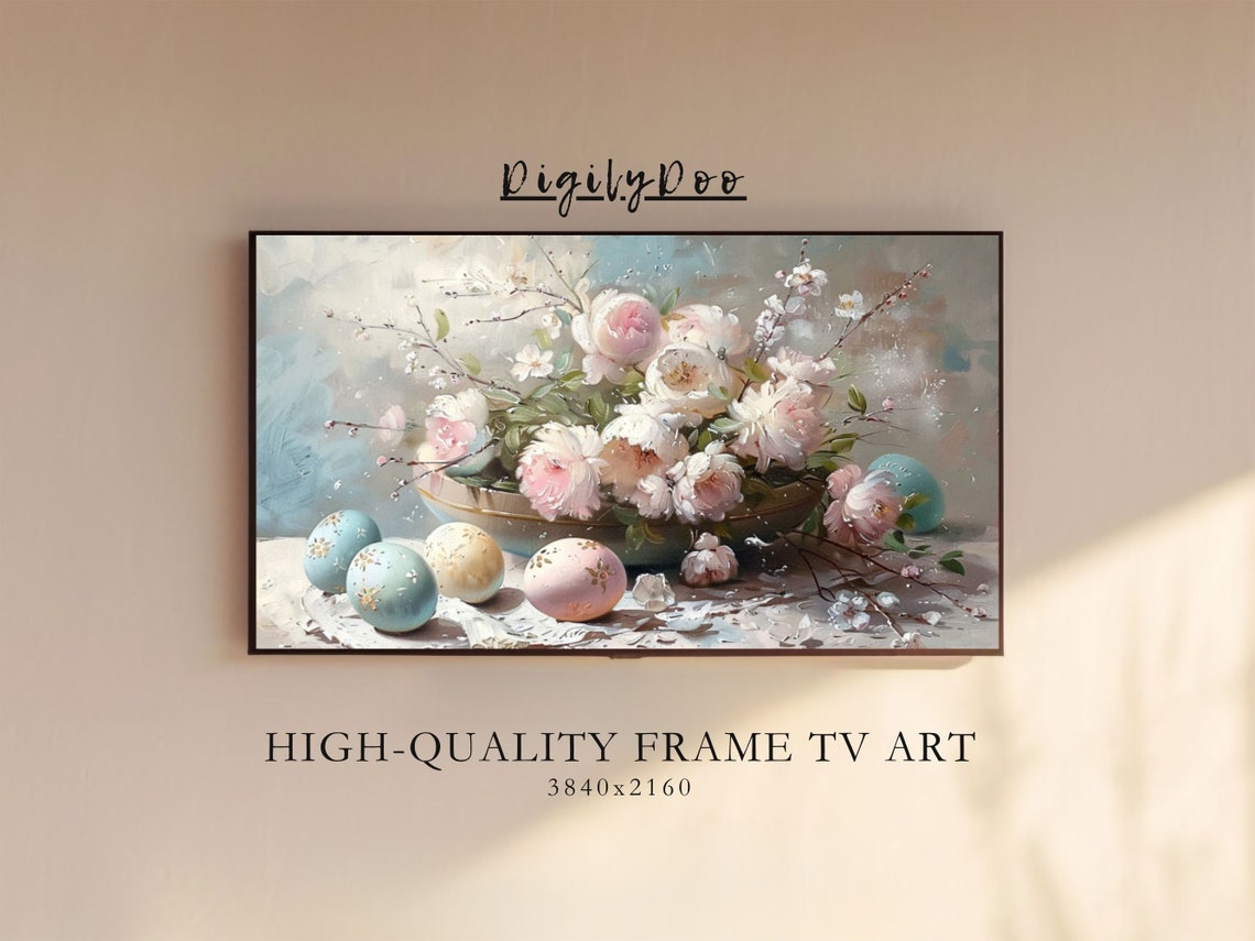 Blush Pink Peonies Bowl Painted Easter Eggs Spring Frame TV Print