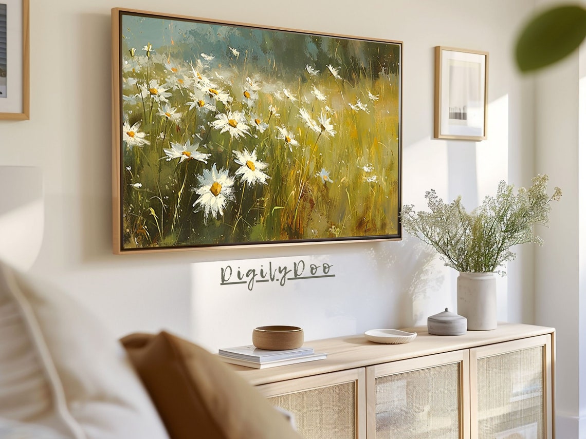 White Daisies Sunlit Meadow Field Impressionist Frame TV Print - Image 3