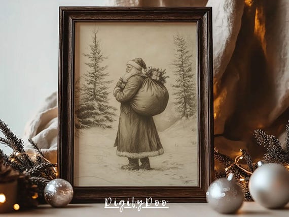 Christmas Santa Drawing Art Print, Vintage Holiday Decor