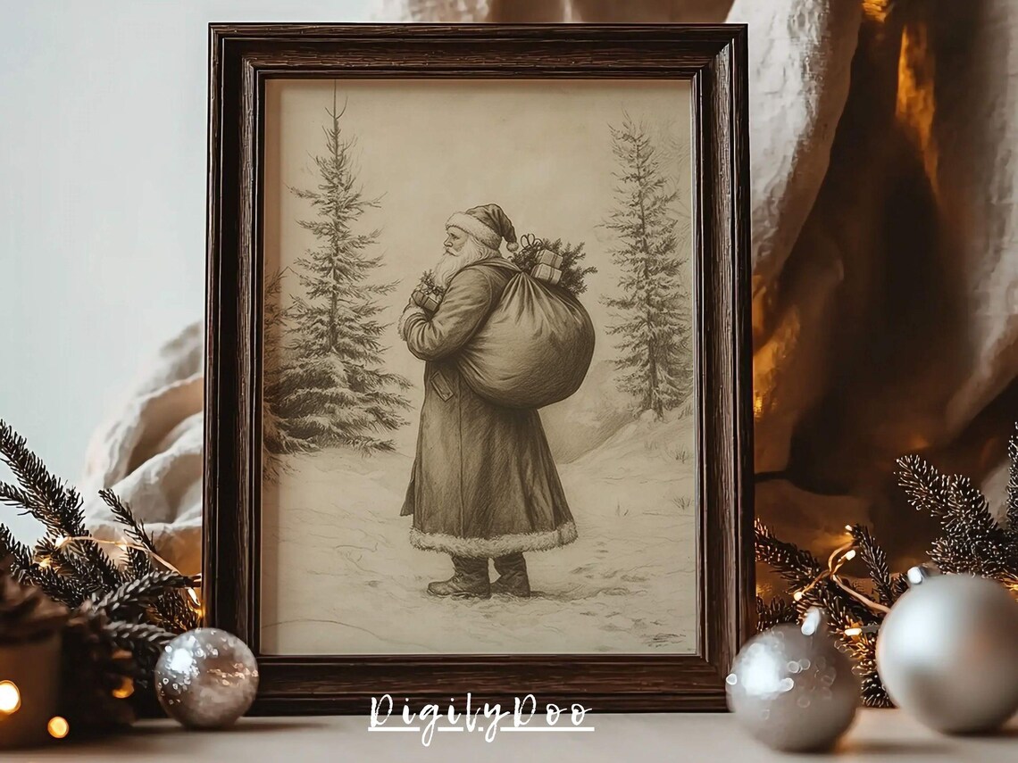 Christmas Santa Drawing Art Print, Vintage Holiday Decor