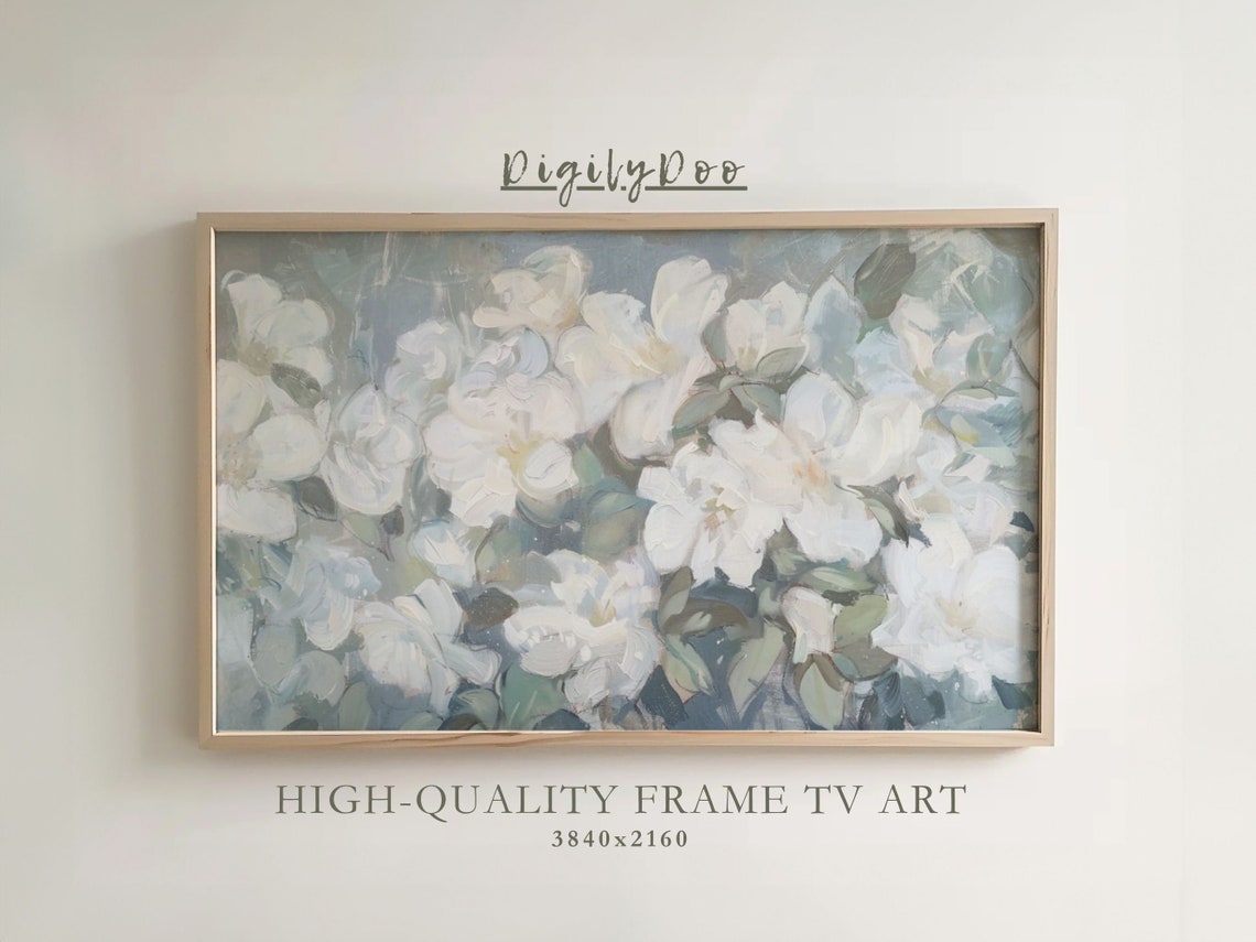 White Blossom Branches Dense Floral Oil Painting Frame TV Print