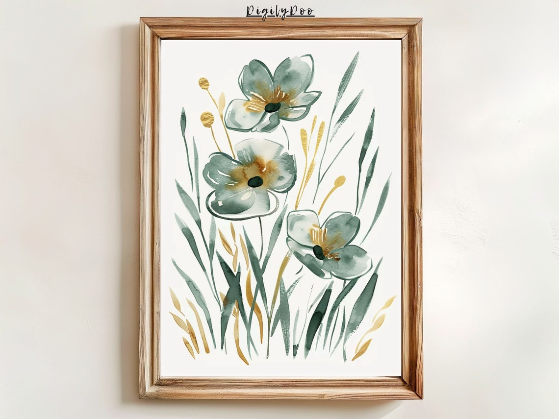 Sage Green Watercolor Wildflowers Gold Accents Botanical Print