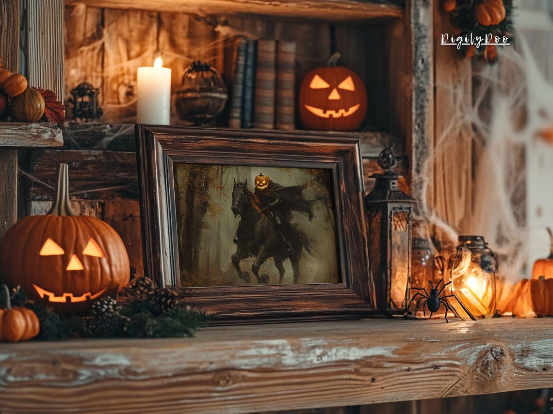 Headless Horseman Pumpkin Head Black Horse Spooky Forest Art Poster - Image 3