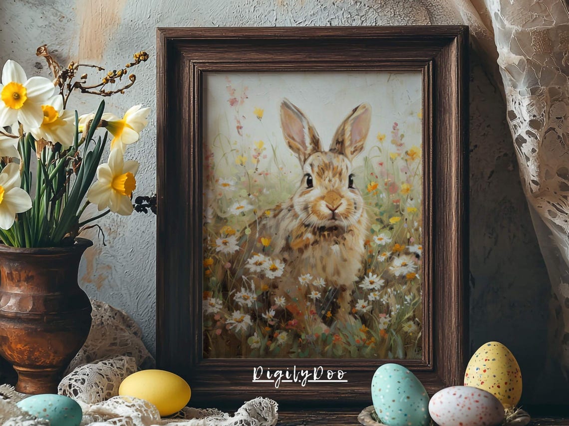 Cute Brown Bunny Wildflower Meadow Spring Daisy Painting Poster