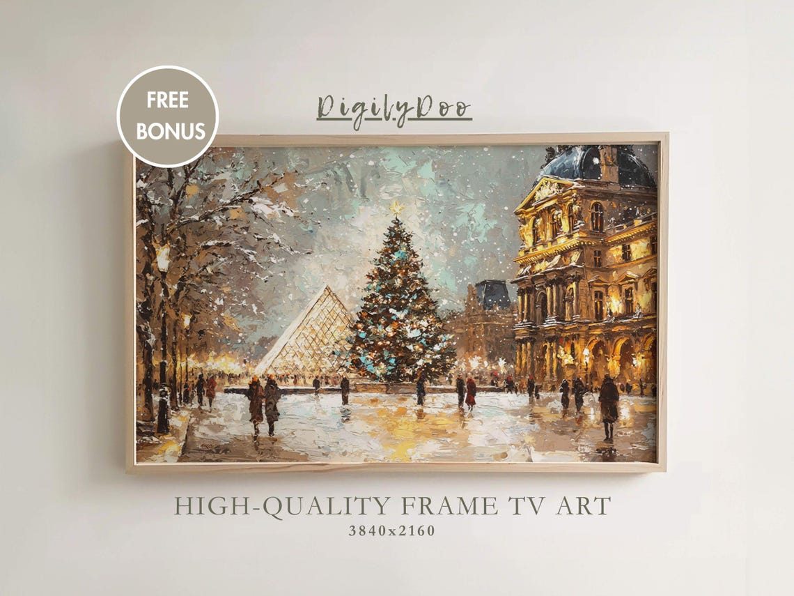 Paris Louvre Pyramid Christmas Tree Snowy Evening City Art Poster