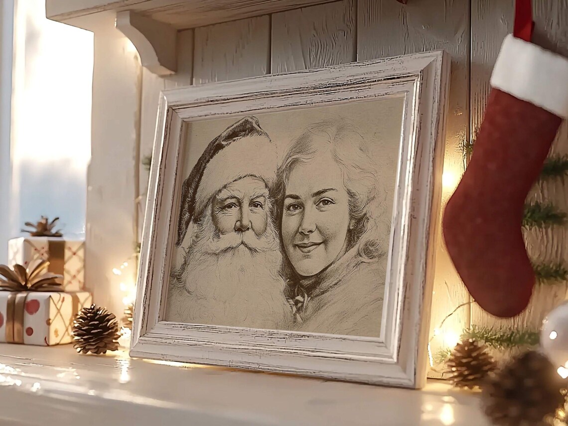 Santa Claus Woman Portrait Antique Pencil Sketch Holiday Home Poster - Image 2