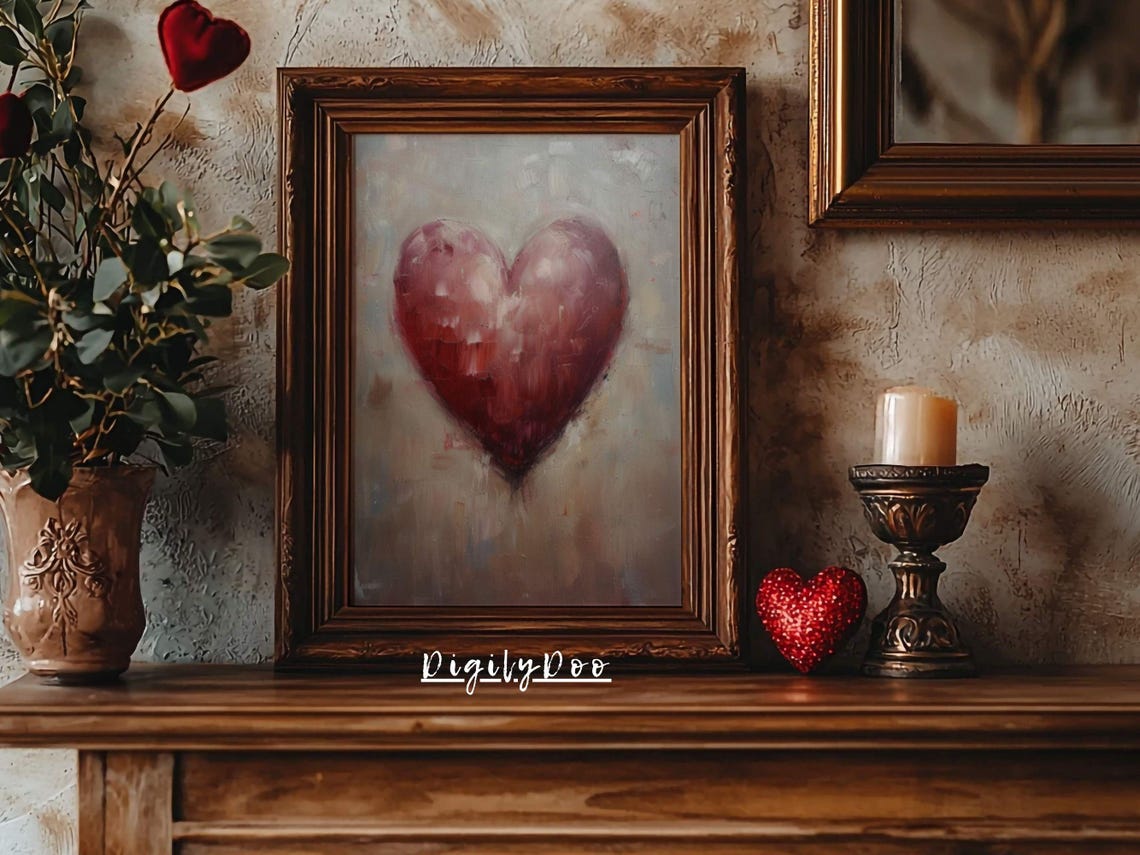 Painted Red Heart Gray Background Romantic Brushstroke Poster