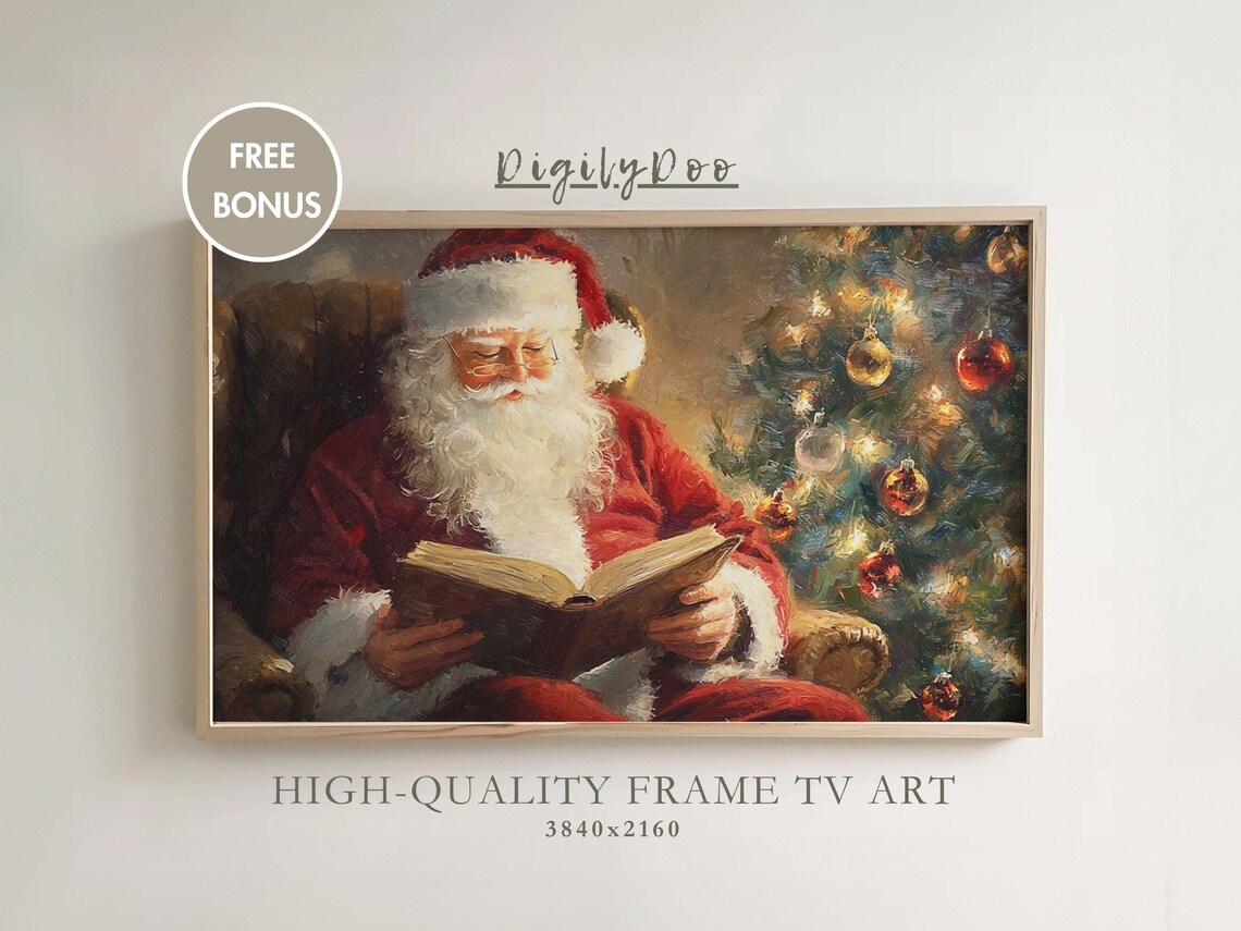 Vintage Christmas Santa Reading Book Art Print