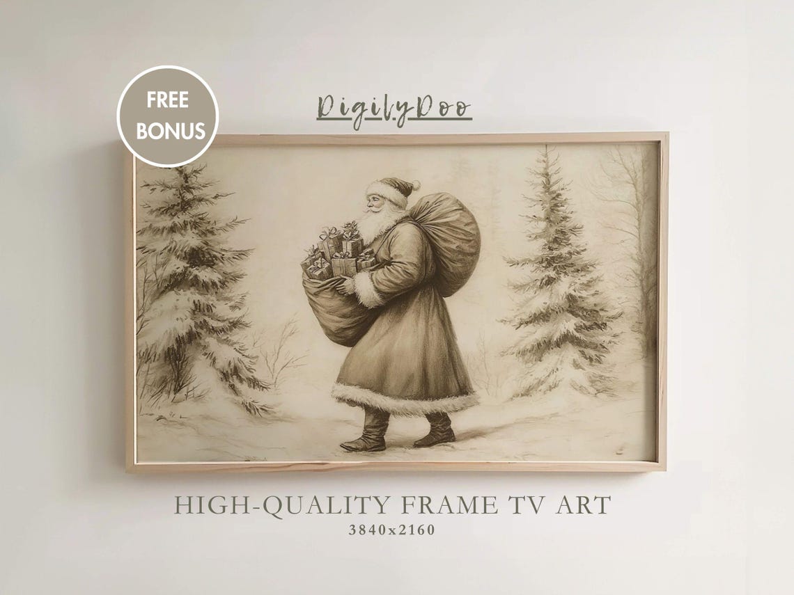 Vintage Neutral Santa Claus Sketch Snowy Forest Christmas Poster