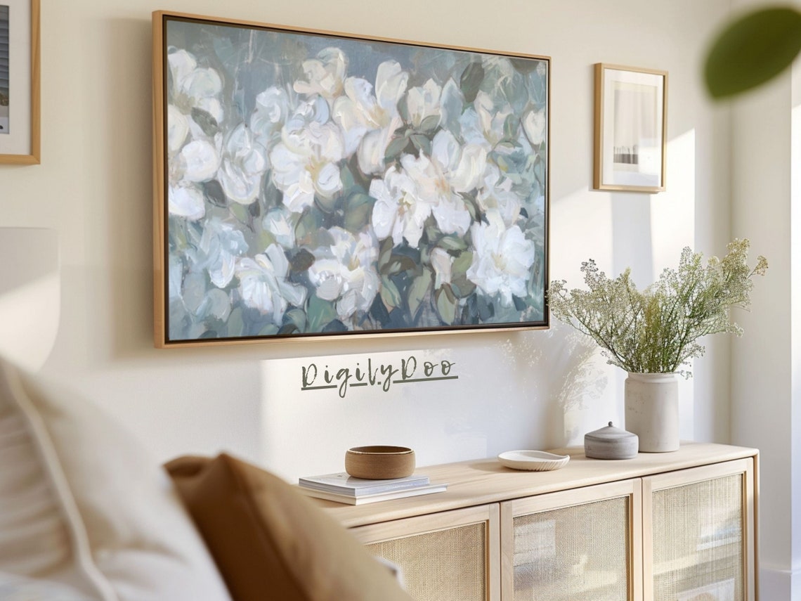 White Blossom Branches Dense Floral Oil Painting Frame TV Print - Image 3