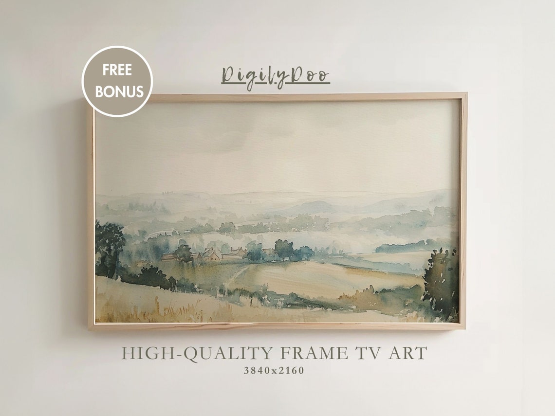 Soft Watercolor Countryside Landscape Misty Fields Morning Calm Poster