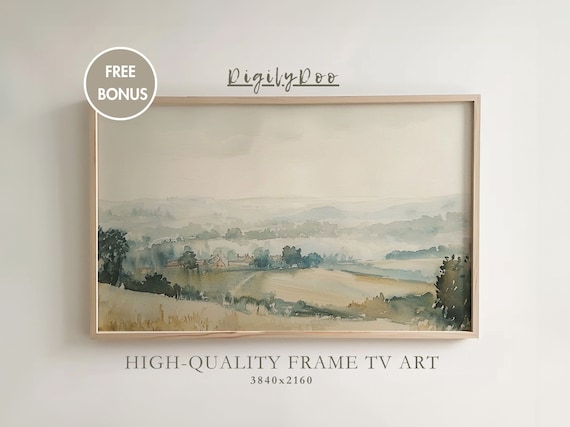 Soft Watercolor Countryside Landscape Misty Fields Morning Calm Poster
