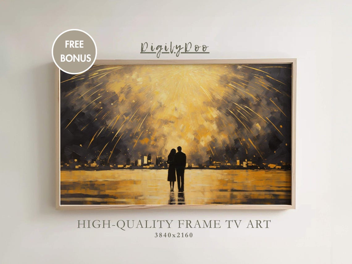 Couple Silhouette Golden Fireworks Night Sky Romantic Poster