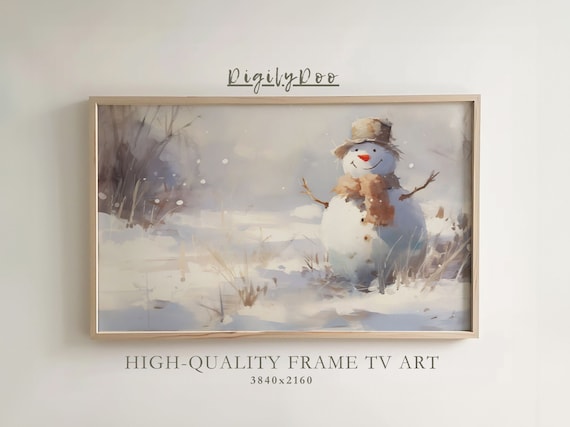 Christmas Frame Tv Art Vintage Cute Winter Snowman Tv Decor Moody Christmas Holiday Landscape Watercolour Artwork