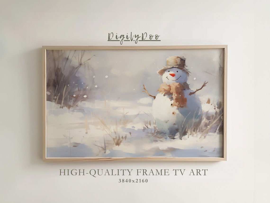 Cute Snowman Watercolor Snowy Field Winter Christmas Frame TV Poster