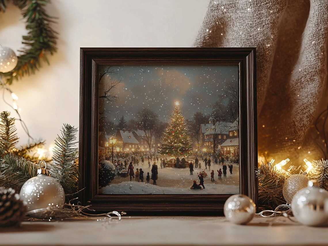 Christmas Tree Village, Vintage Holiday Town Art Print