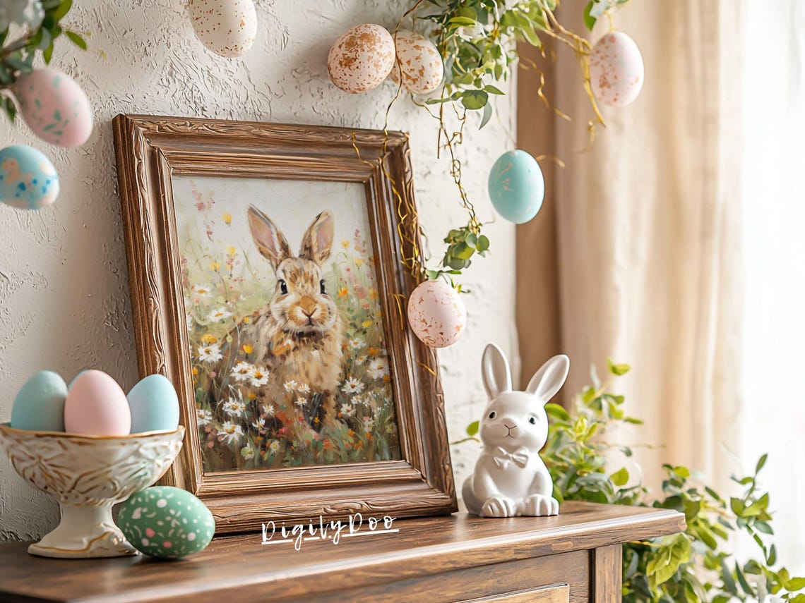 Cute Brown Bunny Wildflower Meadow Spring Daisy Painting Poster - Image 3