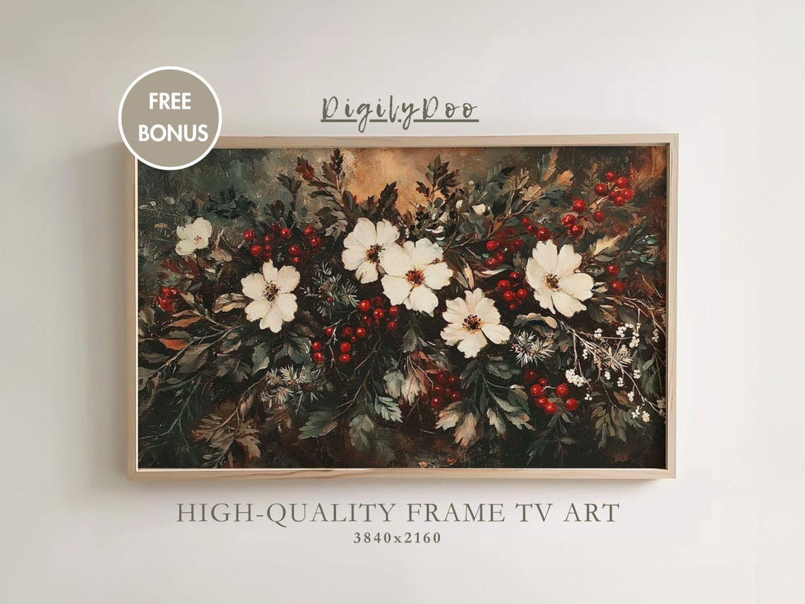 Christmas Floral Garland White Blossoms Red Berries Holiday Art Poster