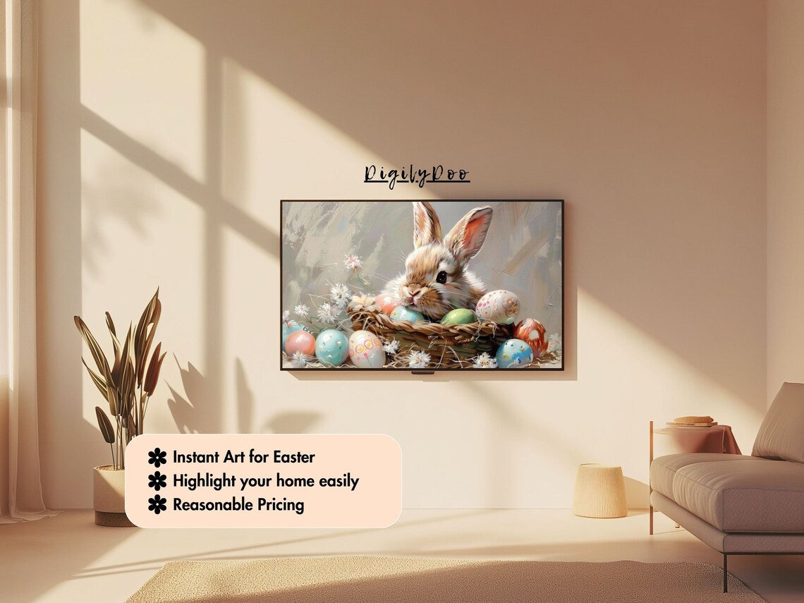 Easter Bunny in Egg Basket, Vintage Farmhouse Art Print - Image 3
