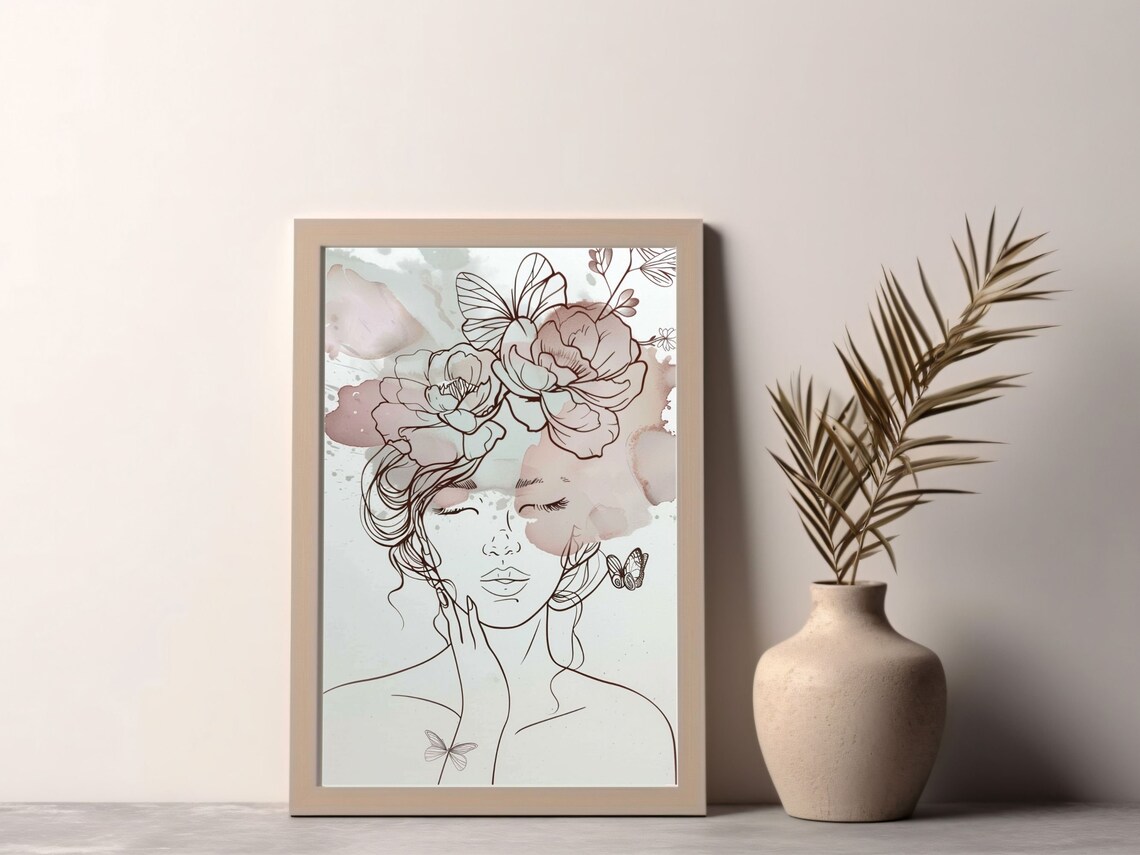Woman Line Drawing Art Print, Minimalist Floral Portrait - Image 2