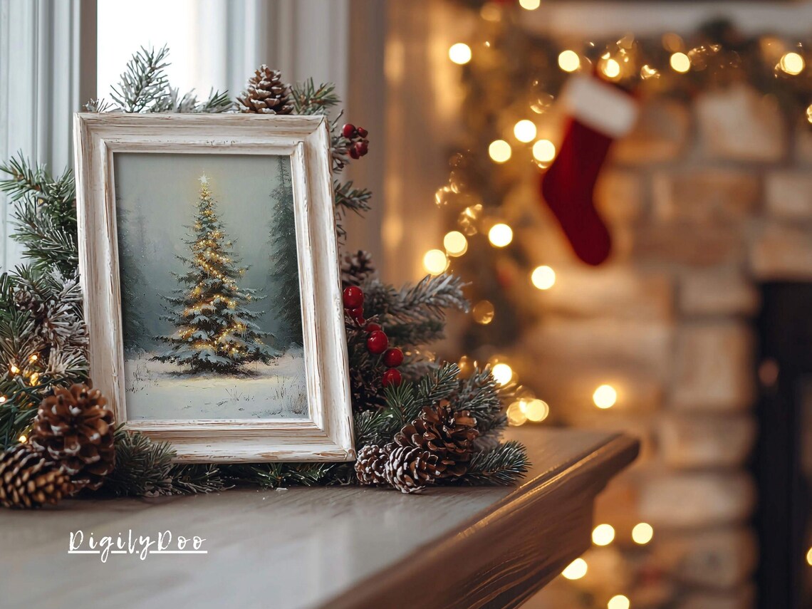 Vintage Christmas Tree Art Print, Neutral Evergreen - Image 3