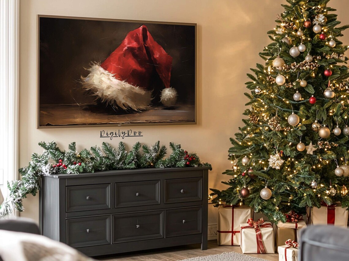 Vintage Santa Hat Still Life, Rustic Christmas Art Print - Image 3