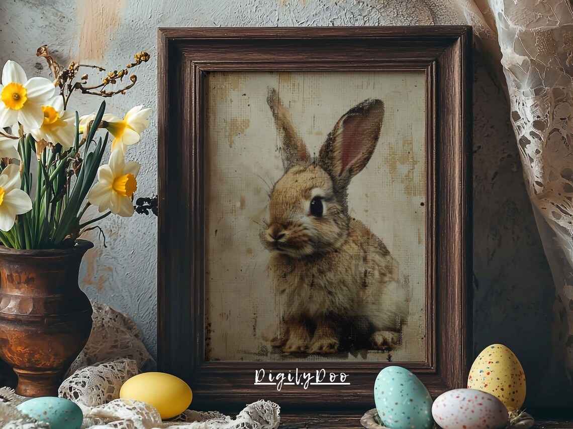Vintage Baby Bunny Print, Rustic Easter Decor