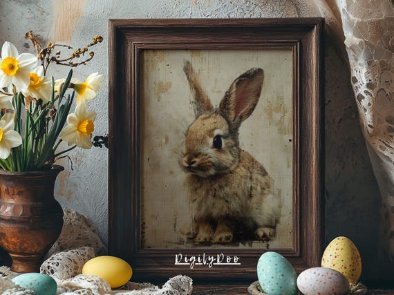 Vintage Baby Bunny Print, Rustic Easter Decor
