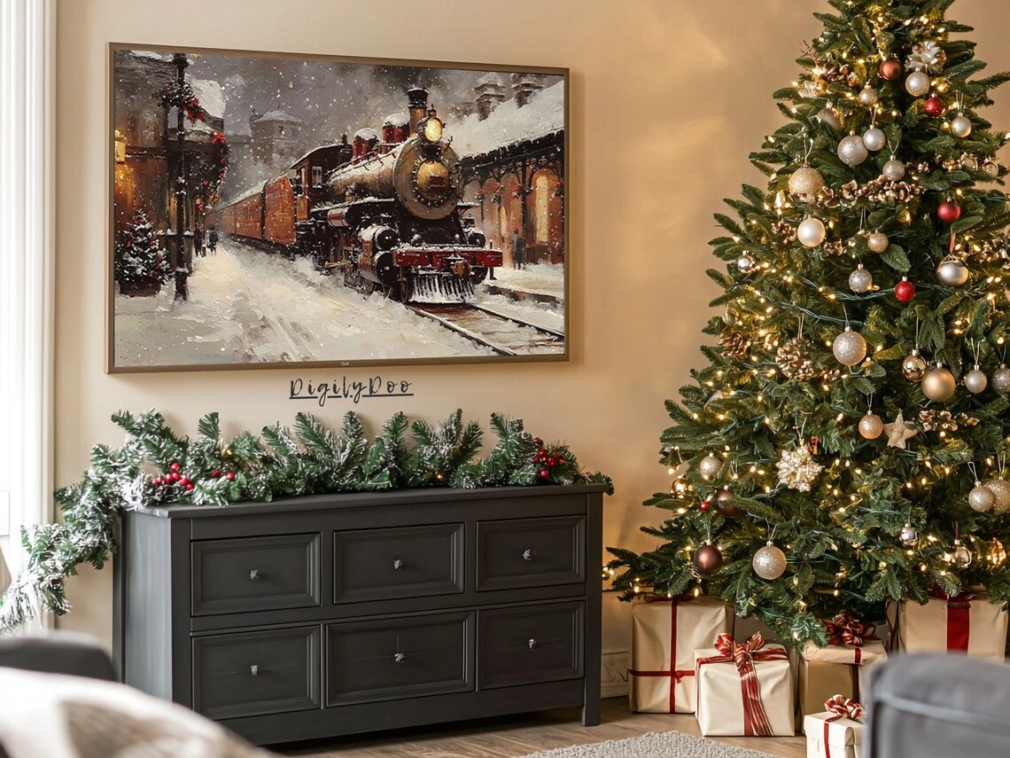 Christmas Express Train Vintage Holiday Travel Poster - Image 3