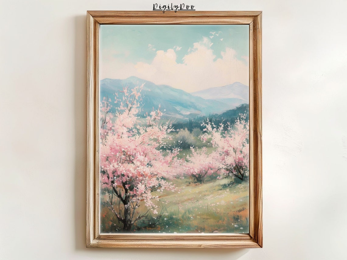 Pink Spring Blossoms Mountain Valley Pastel Landscape Poster