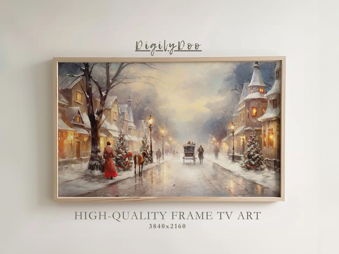 Christmas Frame Tv Art Vintage Christmas Street Evening Tv Artwork Screensaver Neutral Holiday Winter Village Landscape Painting