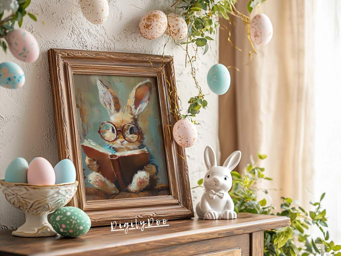 Easter Bunny Reading Book Art Print, Light Academia - Image 3