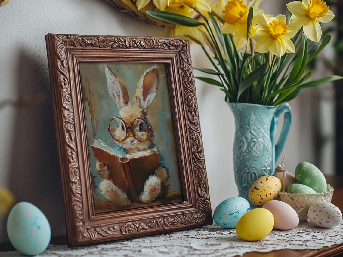 Easter Bunny Reading Book Art Print, Light Academia - Image 2