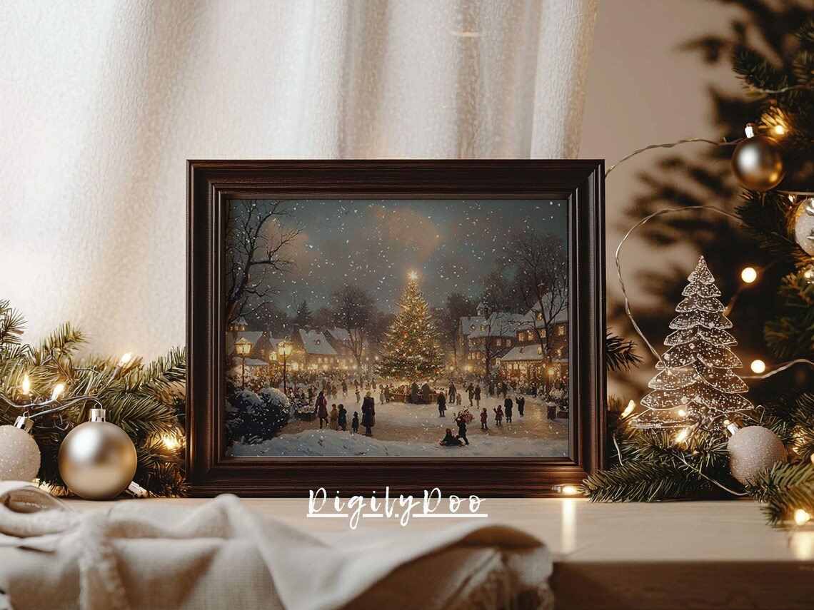 Christmas Tree Village, Vintage Holiday Town Art Print - Image 2