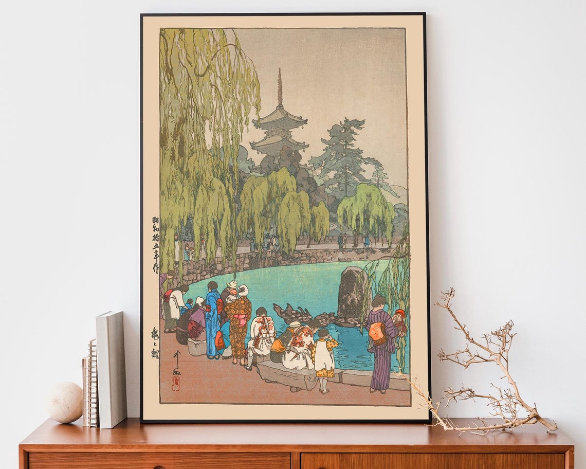Japanese Pagoda Pond With Carp and Tortoises Vintage Woodblock Poster