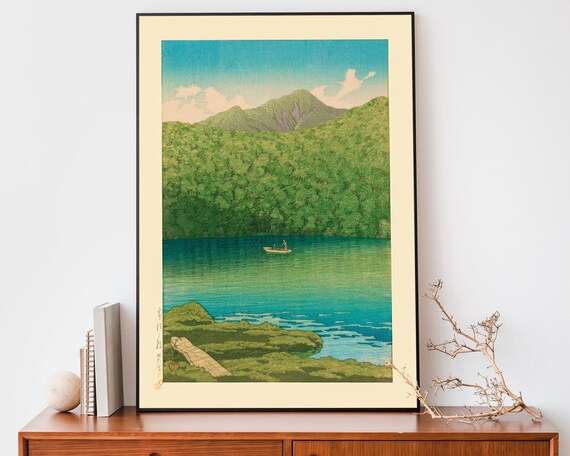 Japanese Green Mountain Lake Boat Woodblock Style Calm Poster