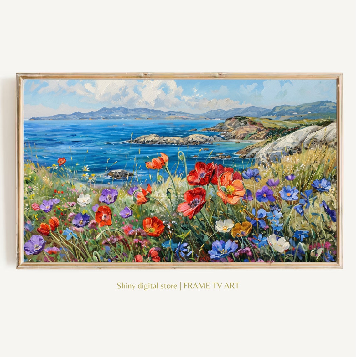 Red Poppies Blooming on Coastal Cliffs Blue Ocean Art Poster