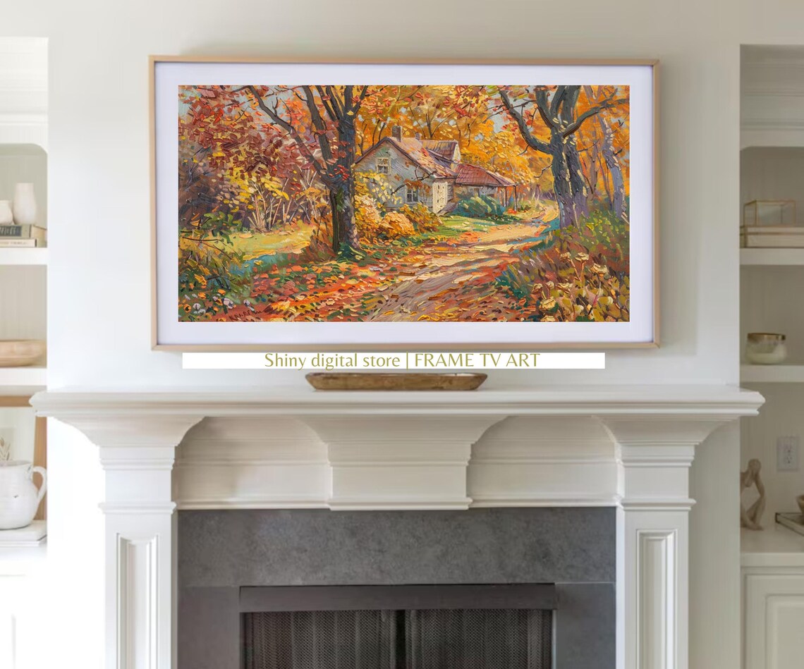 Autumn Cottage Golden Fall Trees Country Path Vintage Art Poster - Image 3