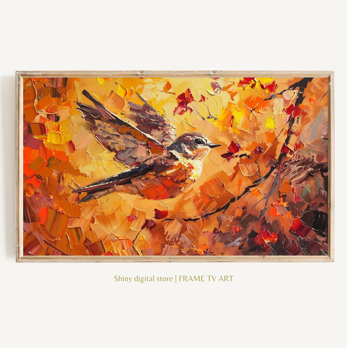 Songbird In Flight Orange Autumn Leaves Impasto Bird Painting Poster