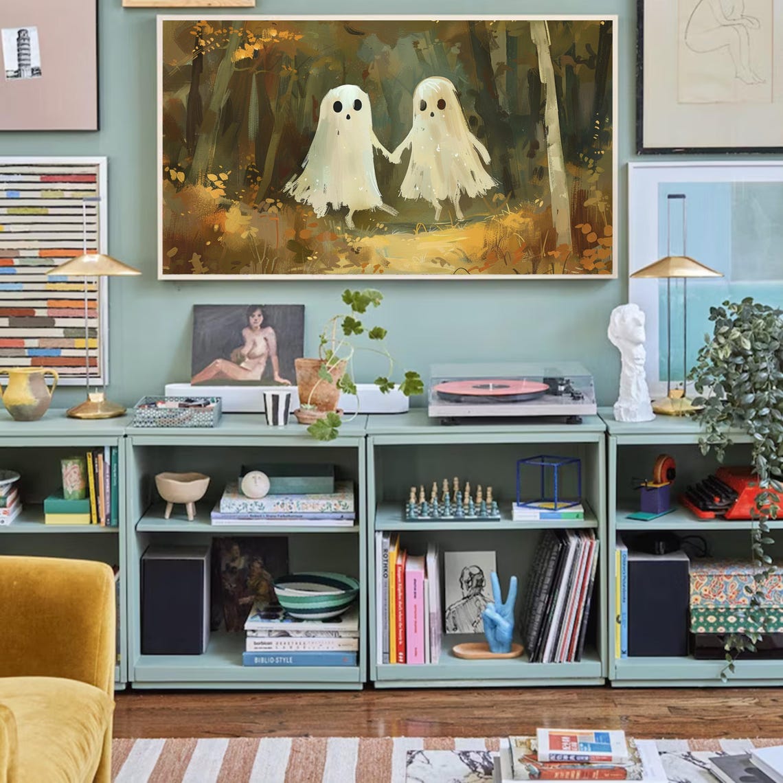 Halloween Frame Tv Art Cute Ghost Art For Fall Tv Warm Toned Autumn Cottagecore Illustration - Image 2