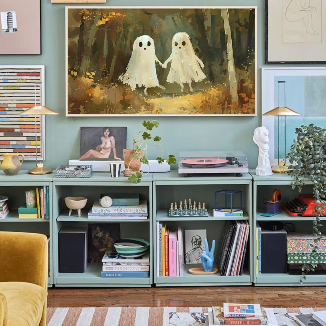 Two Cute Ghosts Holding Hands Autumn Forest Halloween Cottagecore Poster - Image 2