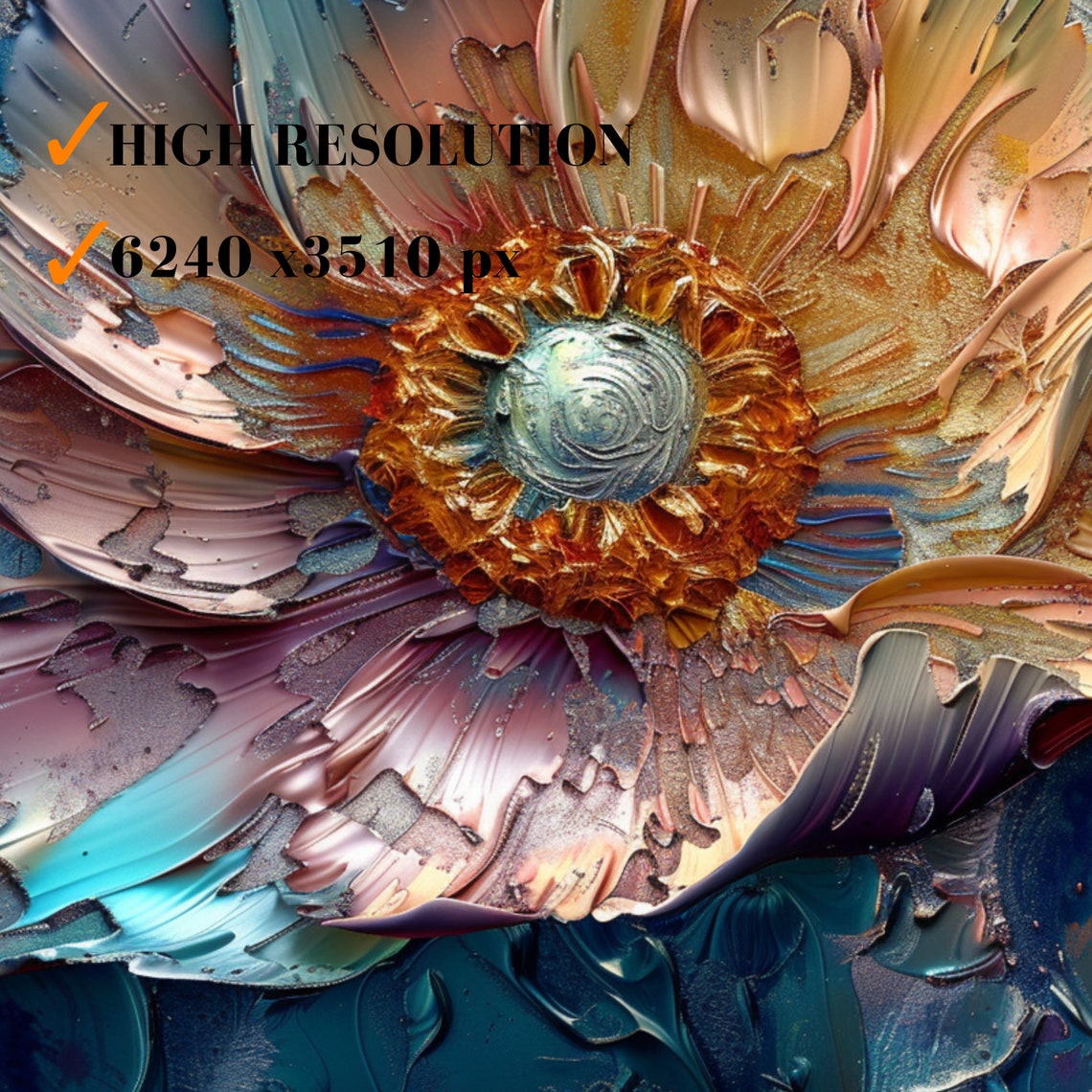 3D Textured Impasto Flower Close Up Cream Mauve Teal Abstract Poster - Image 3