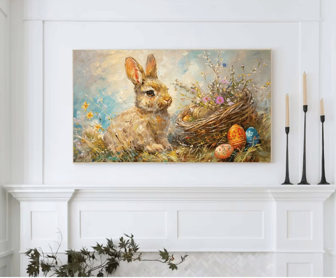 Pastel Easter Bunny, Wildflower Field Rabbit Art Print - Image 2