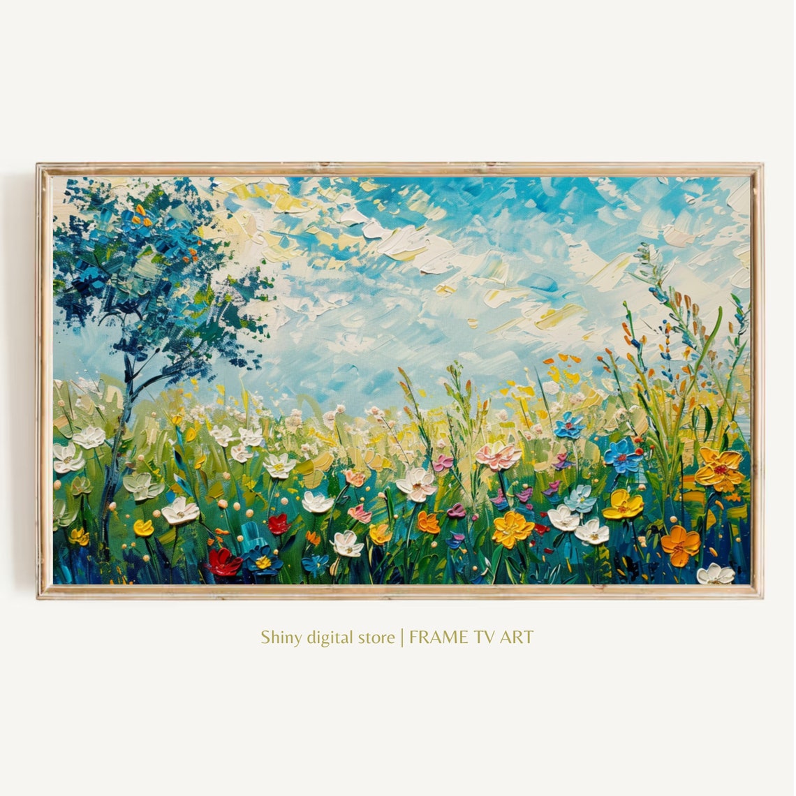 Spring Frame Tv Art Wildflower Field Oil Painting Flower Meadow Neutral Farmhouse Decor Country Oil Painting