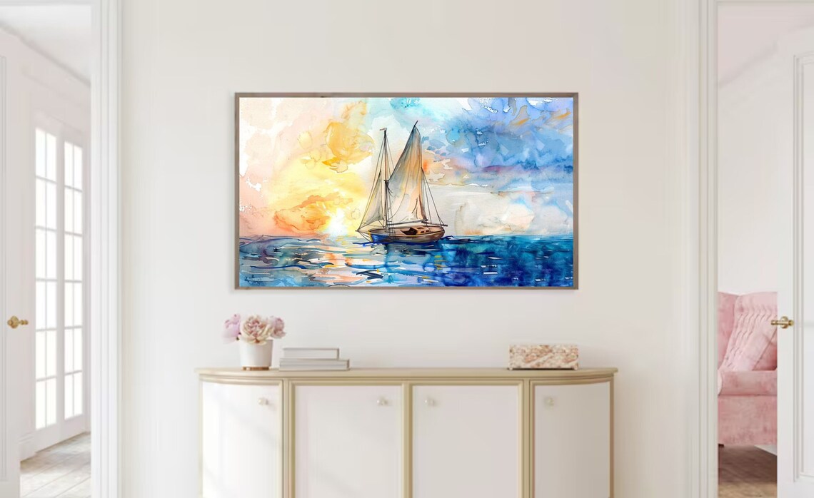 Watercolor Sailboat Sunset Ocean Voyage Coastal Beach Art Poster - Image 2