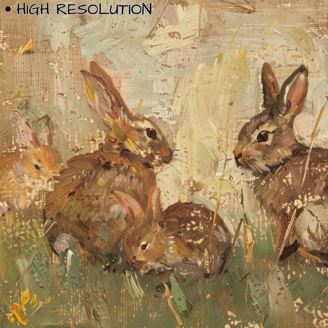 Vintage Rabbit Family Meadow Oil Painting Rustic Spring Bunny Poster - Image 3