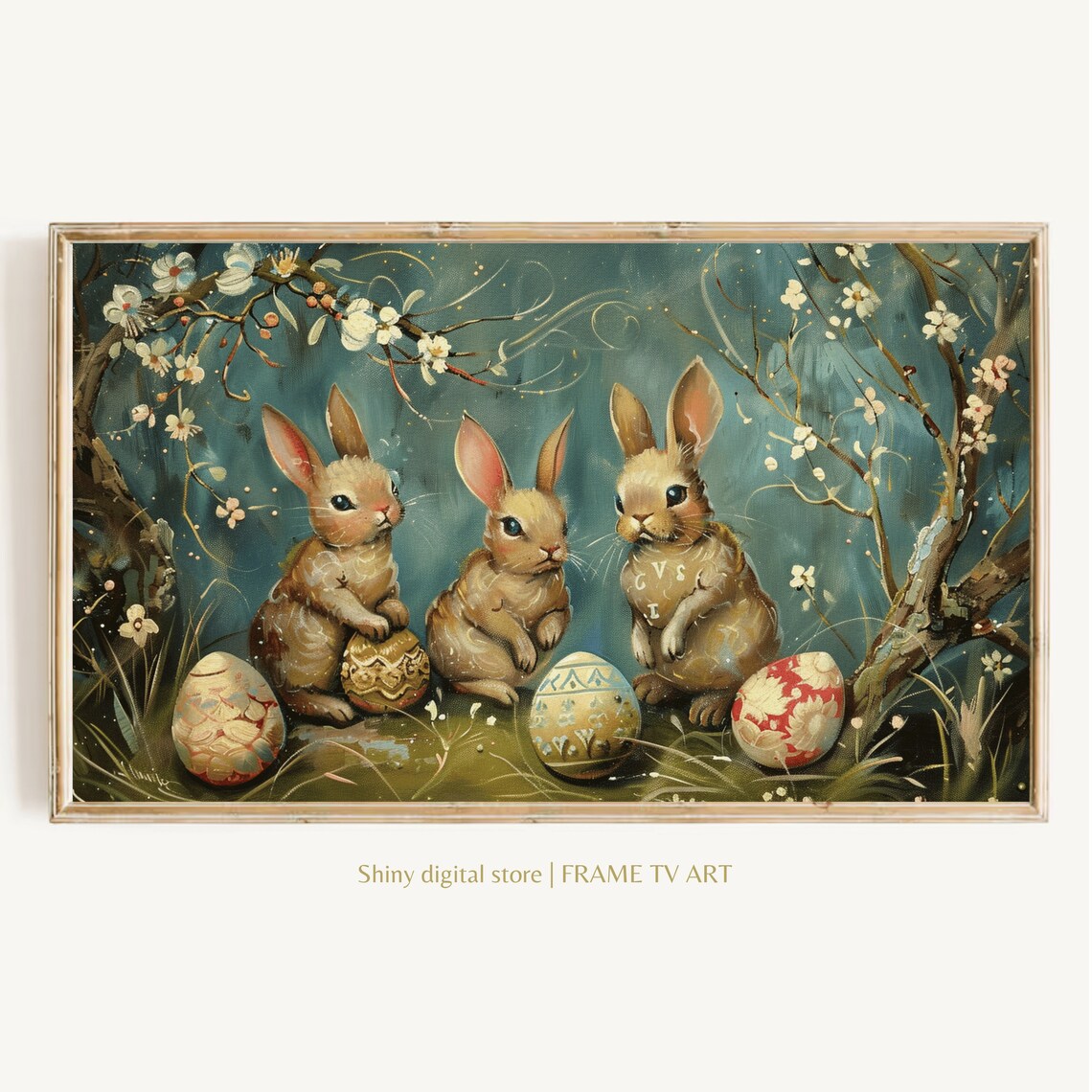 Vintage Easter Bunny Painting Three Rabbits Decorated Eggs Spring Farmhouse Poster