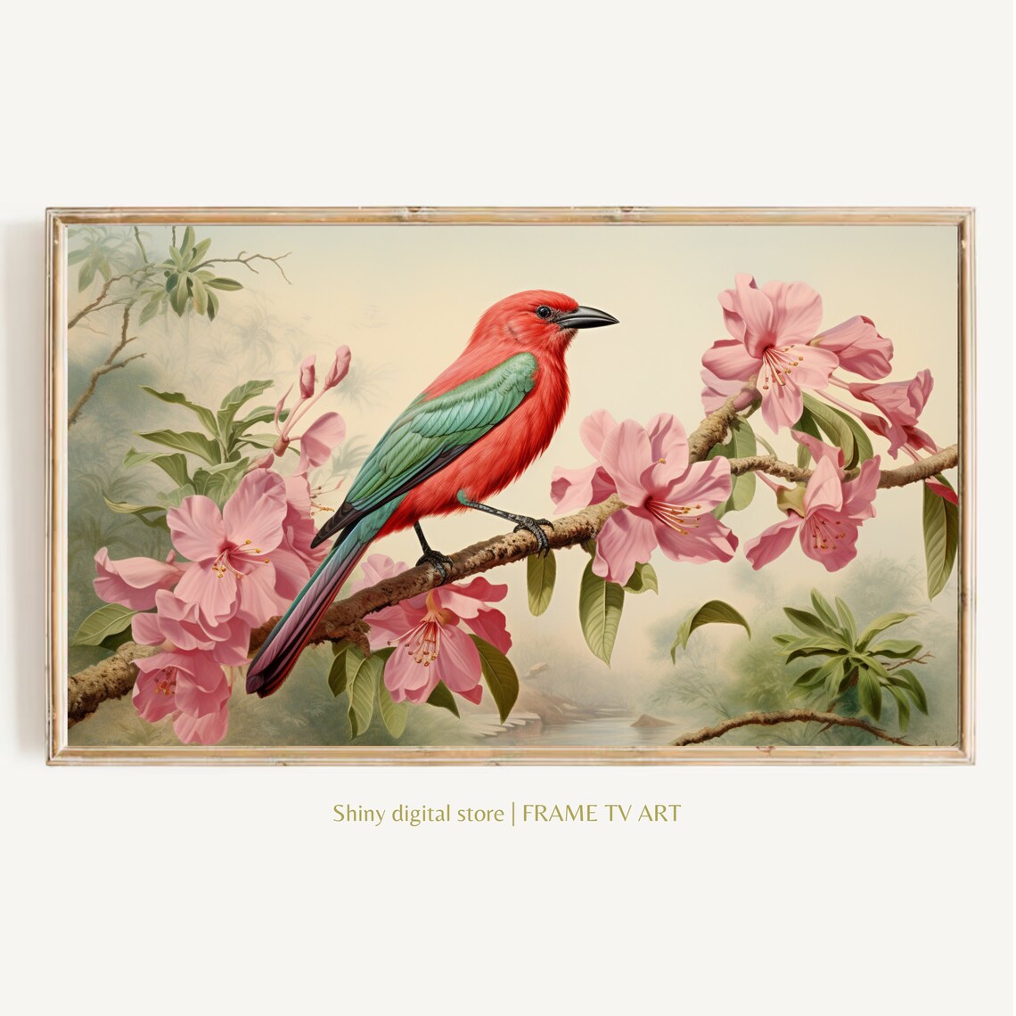 Red Songbird Pink Blossom Branch Vintage Naturalist Bird Art Poster