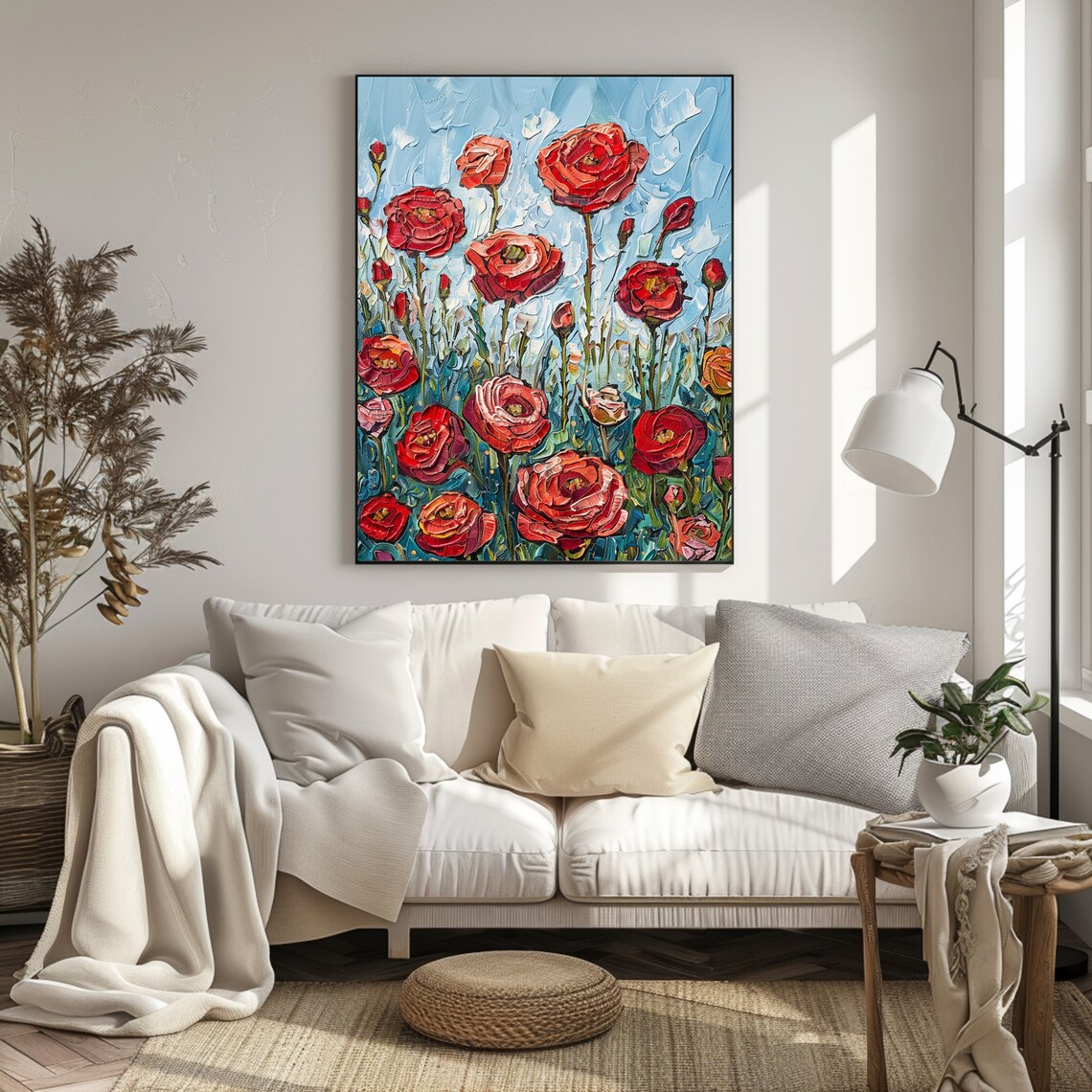 Red Ranunculus Blooms Blue Sky Impasto Textured Floral Painting Art Poster - Image 2